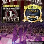 Poster for Six Whiskey Revival featuring a '1st Winner' badge and a CPMAs Nominee award, with a live band on stage and a cheering crowd in the background.