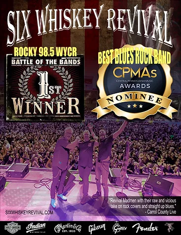 Poster for Six Whiskey Revival featuring a '1st Winner' badge and a CPMAs Nominee award, with a live band on stage and a cheering crowd in the background.